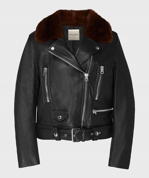 Womens Shearling Black Motorcycle Real Leather Jacket