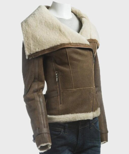 Womens Shearling Brown Leather Jacket Side