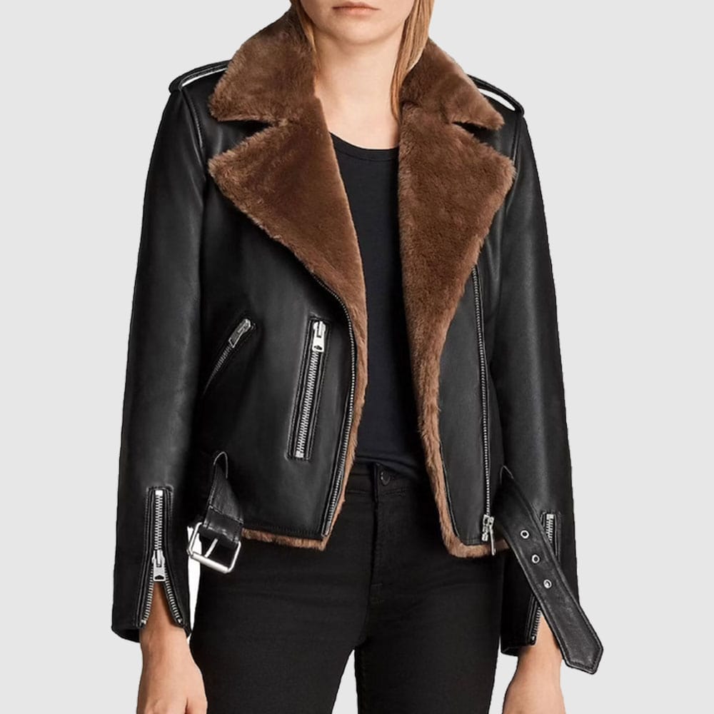 Womens Shearling Fur Aviator Leather Jacket
