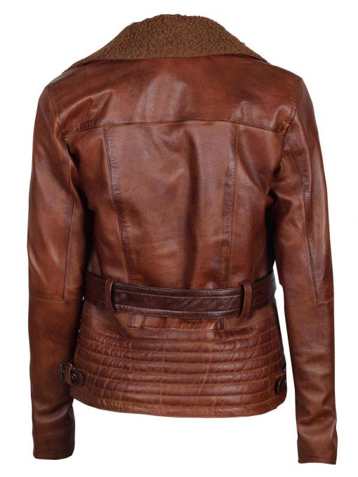 Womens Shearling Leather Brown Winter Jacket Back