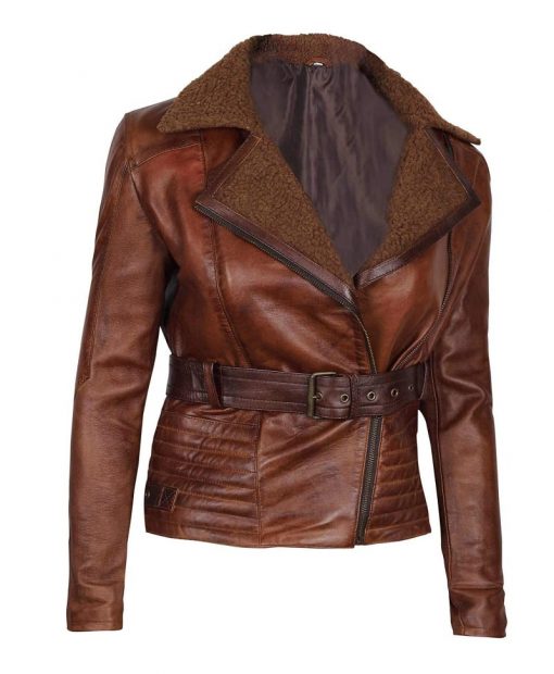 Womens Shearling Leather Brown Winter Jacket Side