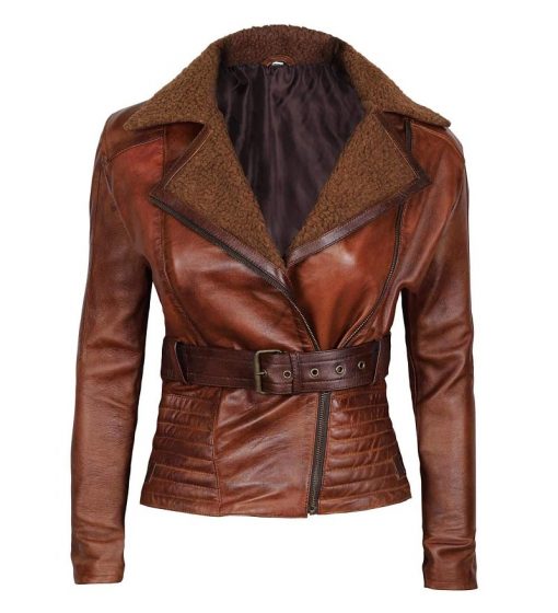 Womens Shearling Leather Brown Winter Jacket