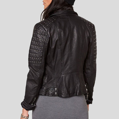 Womens Slim Fit Studded Leather Jacket Black