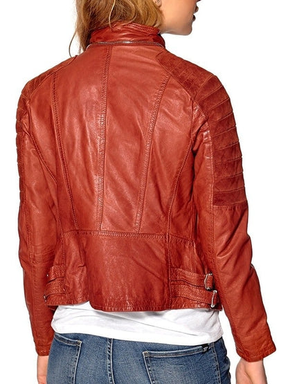 Womens Slim Fit Waxed Leather Jacket Tan Brown Orange Back