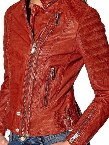 Womens Slim Fit Waxed Leather Jacket Tan Brown Orange