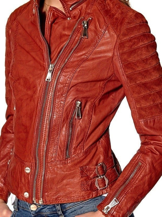 Womens Slim Fit Waxed Leather Jacket Tan Brown Orange