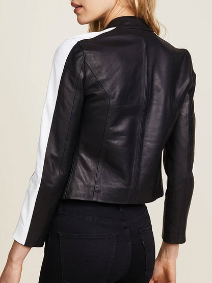 Womens Snap Tab Collar Black Leather Jacket With White Stripe