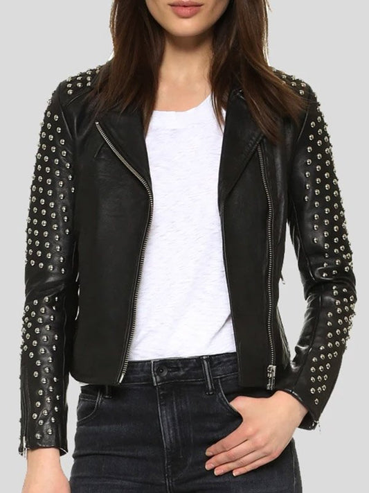 Womens Studded Black Leather Motorcycle Jacket