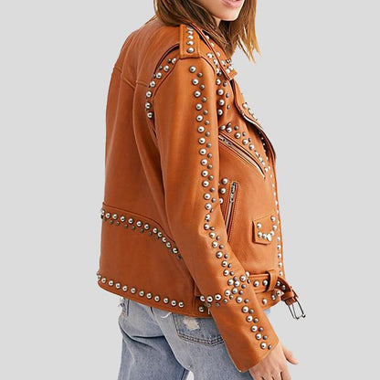 Womens Tan Brown Leather Silver Studded Jacket