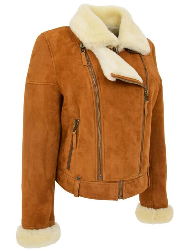 Womens Tan Brown Sheepskin Shearling Leather Jacket