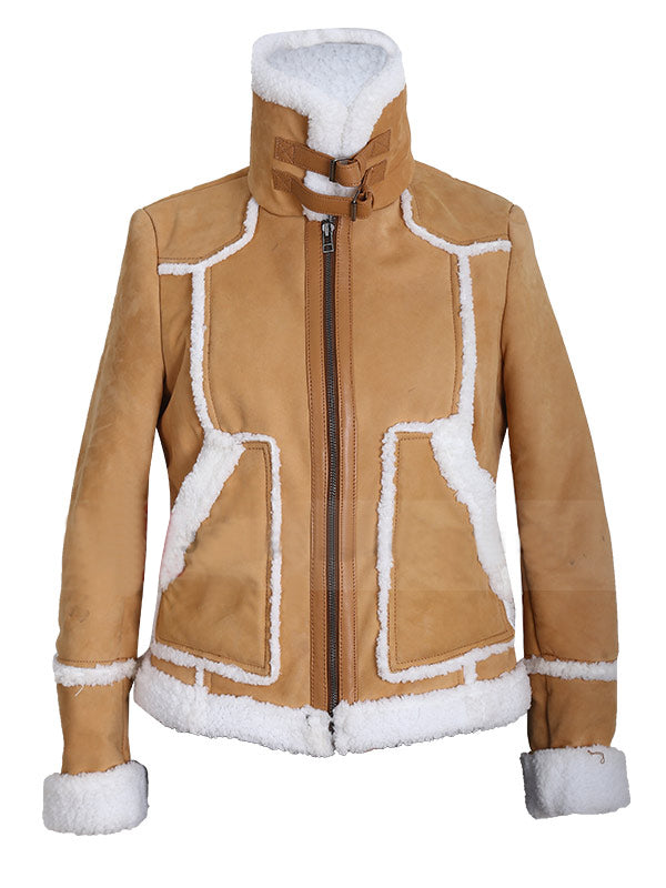 Womens Tan Shearling Trim Stand Up Collar Suede Leather Jacket