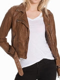 Womens Vintage Style Leather Motorcycle Jacket Tan Brown Open