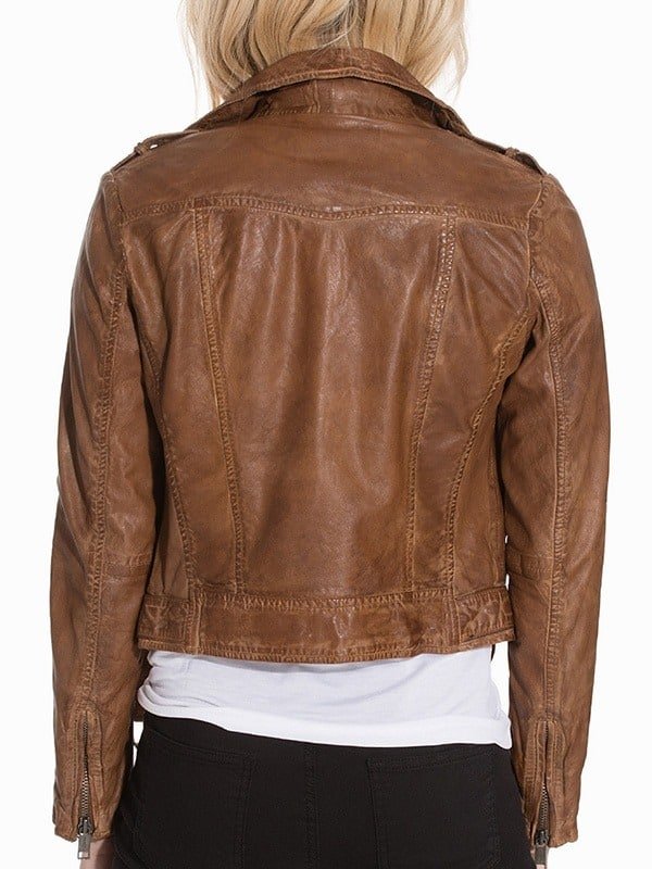 Womens Vintage Style Leather Motorcycle Jacket Tan Brown Back