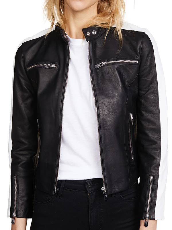 Womens Zipper Pockets Black Leather Jacket