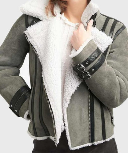 Women Soft Shearling Fur Collar Grey Leather Jacket