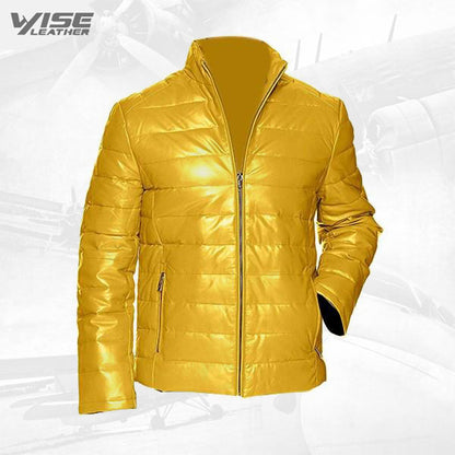 Yellow Men’s Leather Packable Down Filled Puffer Jacket - Wiseleather