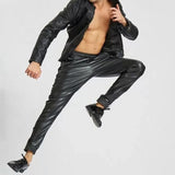 Ankle Zippers Pure Black Leather Joggings Trousers Pants For Male - Wiseleather