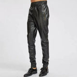 Ankle Zippers Pure Black Leather Joggings Trousers Pants For Male - Wiseleather