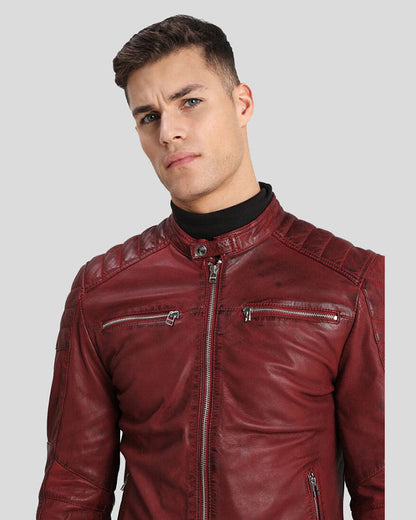 Ben Red Biker Leather Jacket  -wiseleather