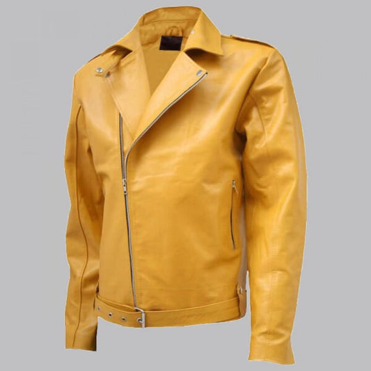 Yellow Men's Biker Leather Jacket with Adjustable Waist