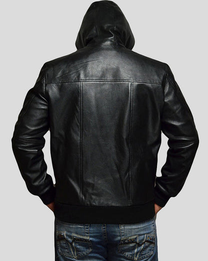 Shane Black Bomber Leather Jacket Hooded