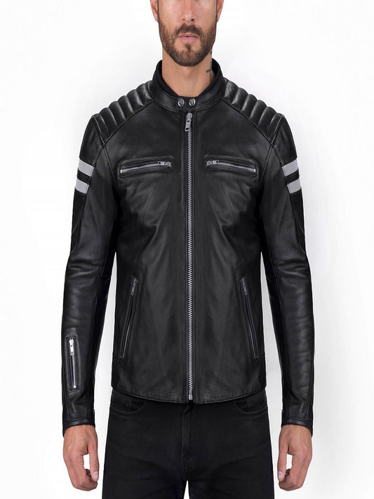 Men's Black Leather Jacket with White Strips