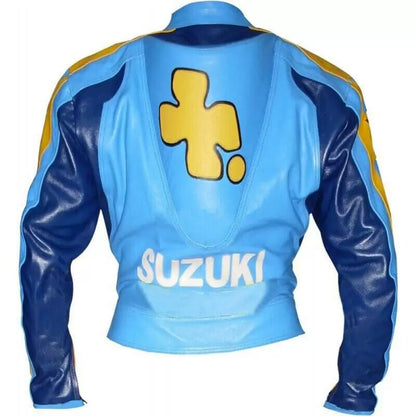 Blue Yellow Suzuki Motorcycle Racing Leather Jacket Back