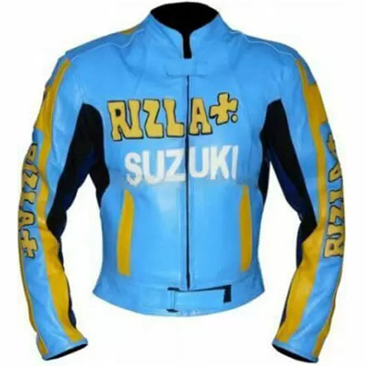 Blue Yellow Suzuki Motorcycle Racing Leather Jacket