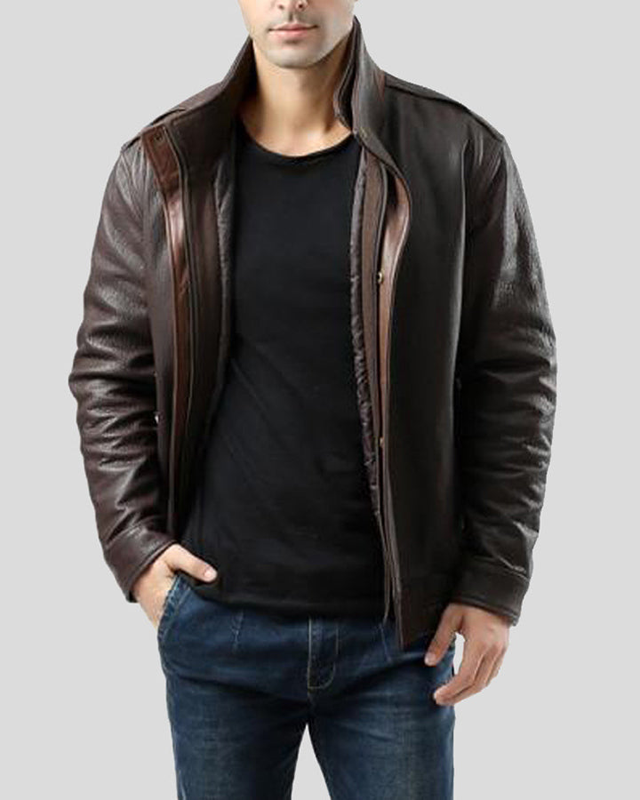 Chek Brown Bomber Leather Jacket