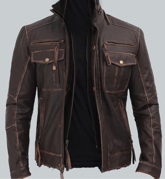 Distressed Leather Motorcycle Jacket in Brown