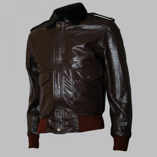 R. J. Macready Brown Bomber Leather Jacket with Fur Collar