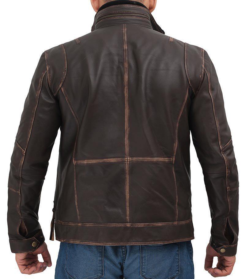Men's Dark Brown Distressed Lambskin Leather Jacket with Six Pockets