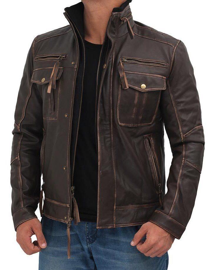 Vintage Style Six Pocket Leather Jacket for Men in Distressed Finish