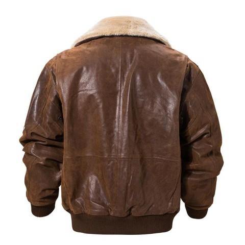 Mens Brown Leather Shearling Collar Bomber Jacket - Wiseleather