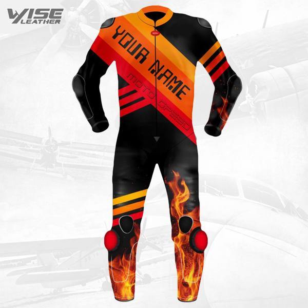 Custom MOTOGP Motorcycle Leather Suit With Fire Printing & Your Name - Wiseleather