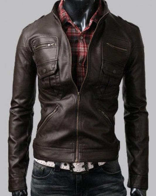 Dark Brown Leather Jacket with Zip Pockets
