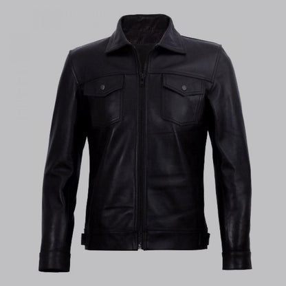 DIRAN MEN BLACK CLASSIC LEATHER JACKET WITH SHIRT COLLAR - Wiseleather