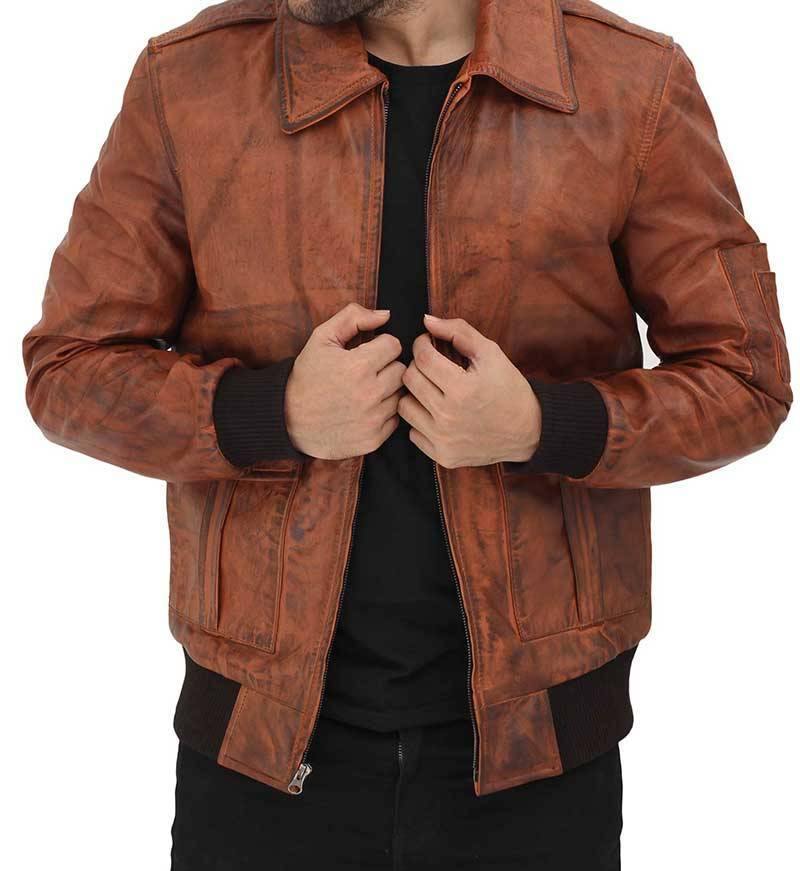 Tan Bomber Distressed Leather Jacket - Wiseleather