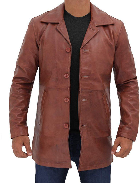 Distressed Tan Lambskin Leather Coat for Men - Leather Coat