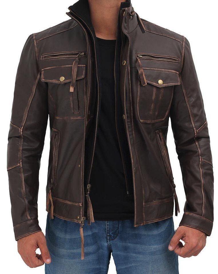 Distressed Leather Jacket Men - Six Pocket Leather Jacket
