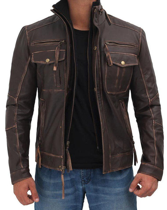 Dark Brown Mens Distressed Six Pocket Vintage Leather Jacket - Wiseleather