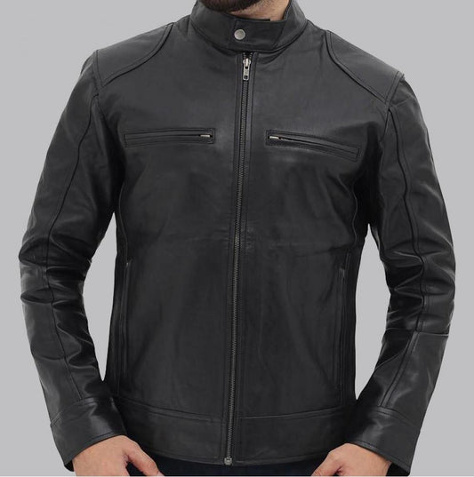 Black Leather Racer Jacket for Men