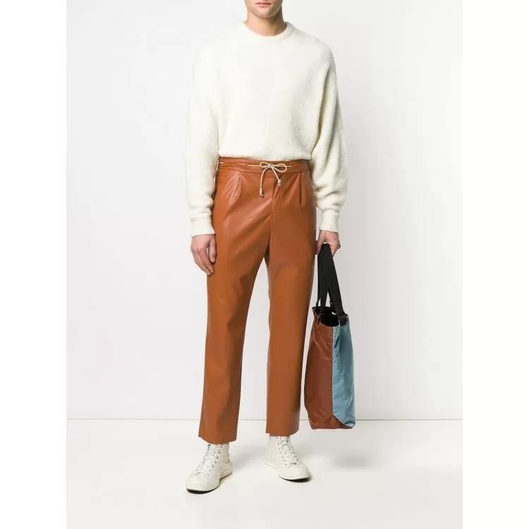 Drawstring Waist Tan Leather Trousers Pant for Men - Wiseleather