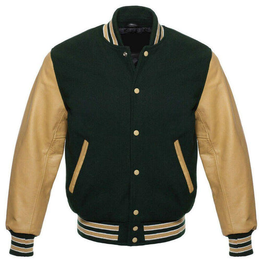 Custom Forest Green Letterman Jacket with Tan Leather Sleeves