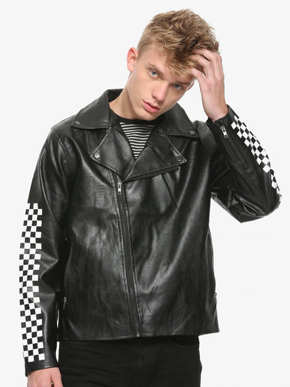 Men Checkered Leather Jacket