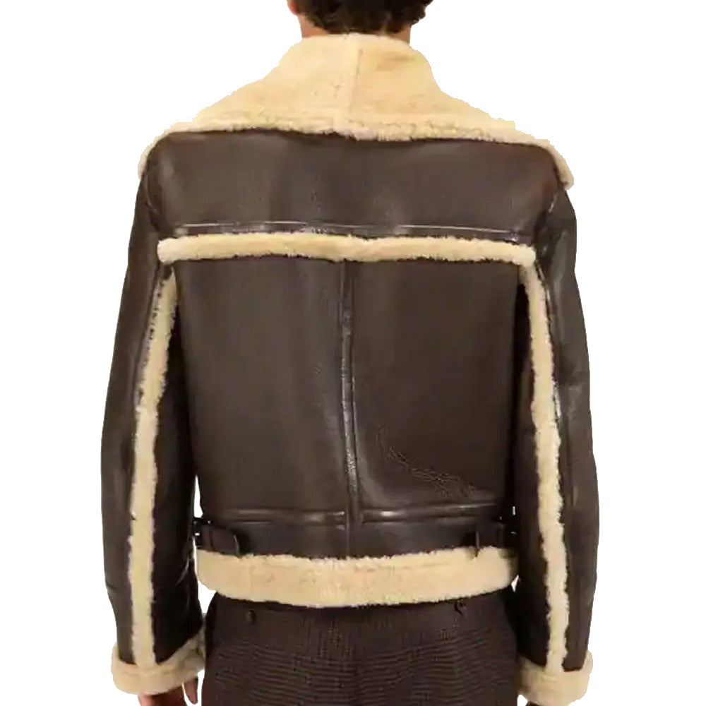 Men Brown Shearling Leather Jacket Back