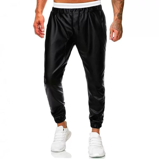 Men Casual Simple Black Leather Hombre Streetwear Joggers Pants - Wiseleather