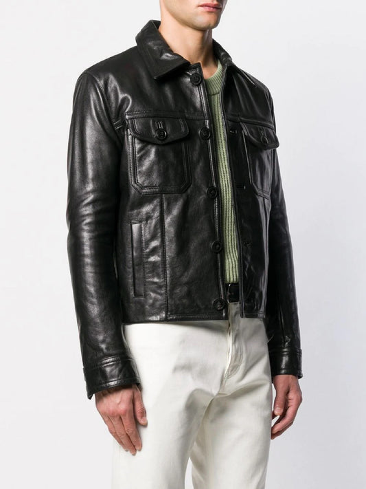 Men's Black Button Down Leather Jacket
