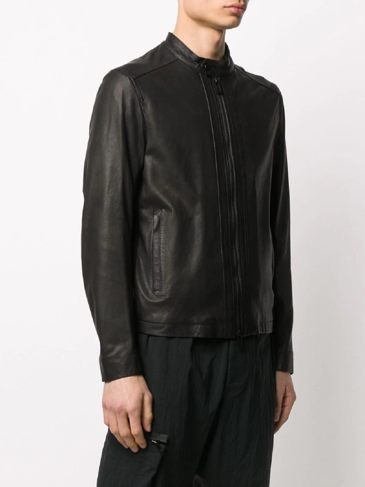men dark brown leather jacket
