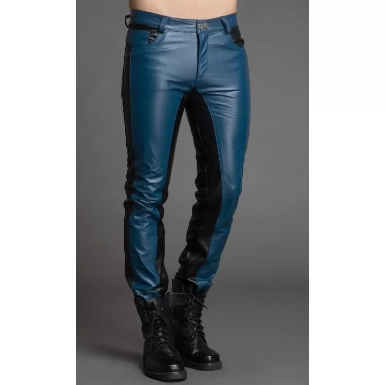 Men Fashion Contrast Color Genuine Black and Blue Leather Pants - Wiseleather